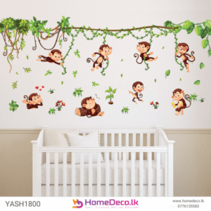 Monkeys Playing in the Jungle Kids Wall Sticker featuring playful monkeys swinging through vibrant jungle trees, perfect for kids’ rooms.