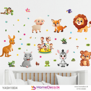 Baby Lion and cartoon animal wall sticker, vibrant nursery decor, easy peel and stick application