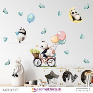 Cartoon panda riding bicycle wall sticker, fun and whimsical nursery decor, peel and stick, removable and reusable