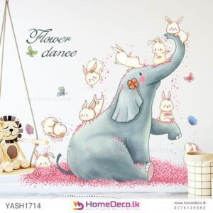 Elephant and bunnies dancing wall sticker, playful nursery decor, removable and reusable design