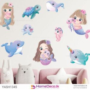 Cute Mermaids Wall Sticker featuring friendly mermaids, sea creatures, and ocean elements, perfect for decorating nurseries and kids’ rooms.