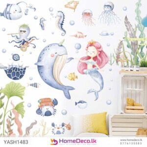 Cute Mermaid Wall Sticker featuring a mermaid, ocean creatures, and underwater plants for kids’ rooms in Sri Lanka