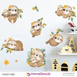 Cute Sloths Wall Sticker featuring cuddling sloths with tropical flowers and leaves for kids’ rooms in Sri Lanka