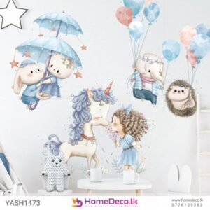 Unicorn with Friends Wall Sticker featuring a unicorn, bunnies, balloons, and a hedgehog for kids’ rooms in Sri Lanka