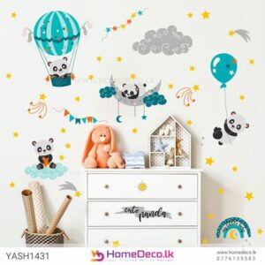 Baby Pandas Flying Wall Sticker featuring pandas in hot air balloons, on clouds, and surrounded by stars and rainbows for kids’ rooms in Sri Lanka