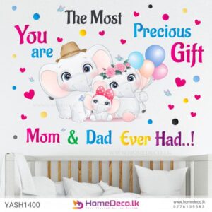 Baby Girl Elephant Family Wall Sticker with adorable elephants, balloons, and hearts, ideal for nurseries and baby rooms in Sri Lanka