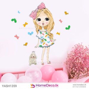 Girl With Bunny Wall Sticker featuring a girl with a bunny, butterflies, and birds, ideal for kids' room decor.