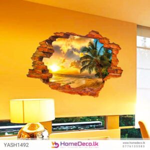 Beach Theme Wall Sticker with a 3D brick wall opening to a tropical sunset view for living rooms and bedrooms in Sri Lanka