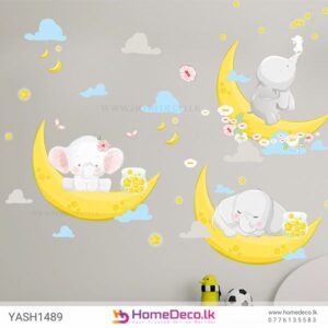 Baby Elephants Wall Sticker featuring elephants on crescent moons with stars and clouds for nurseries in Sri Lanka