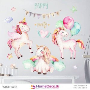 Unicorn Party Wall Sticker featuring unicorns, rainbows, and a Happy Birthday banner for nurseries and party spaces in Sri Lanka