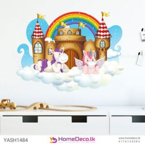 Unicorn with Rainbow Wall Sticker featuring a magical castle and colorful rainbow for kids’ rooms in Sri Lanka