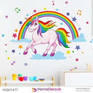 Unicorn with Colourful Hair Wall Sticker featuring a rainbow, stars, and music notes for kids’ rooms in Sri Lanka