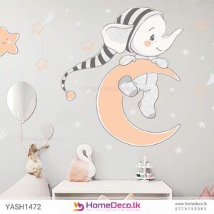 Baby Elephant Girl Wall Sticker featuring a cute elephant on a crescent moon with stars for nurseries in Sri Lanka