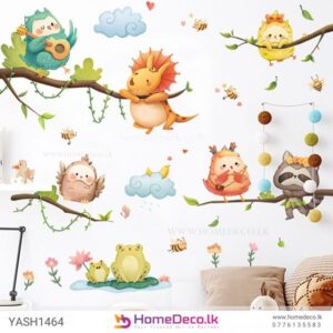 Baby Owls with Friends Wall Sticker featuring owls, raccoons, and hedgehogs on branches with flowers and bees for kids’ rooms in Sri Lanka