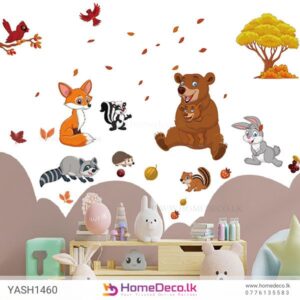 Baby Animal Playing Wall Sticker featuring bears, foxes, bunnies, raccoons, and autumn leaves for kids’ rooms in Sri Lanka