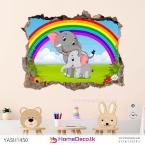 Baby Elephant with Mom Wall Sticker featuring elephants under a rainbow with a 3D cracked wall effect for kids’ rooms in Sri Lanka