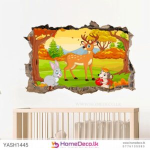 Baby Deer with Friends Wall Sticker featuring a deer, bunny, and hedgehog in a vibrant autumn forest with a 3D cracked wall effect for kids’ rooms in Sri Lanka