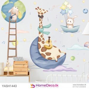 Baby Bunny and Giraffe Wall Sticker featuring a giraffe on the moon, bunnies with stars, and pastel clouds for kids’ rooms in Sri Lanka