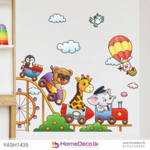 Animal Roller Coaster Wall Sticker featuring a fun scene with animals riding a roller coaster and a hot air balloon for kids’ rooms in Sri Lanka