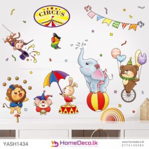 Animal Circus Wall Sticker featuring an elephant, bear, bunny, lion, and monkey performing circus acts with balloons and banners for kids’ rooms in Sri Lanka