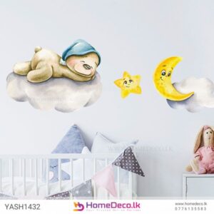 Baby Bear Sleeping Wall Sticker featuring a sleeping bear on a cloud with a glowing moon and smiling star for nurseries in Sri Lanka