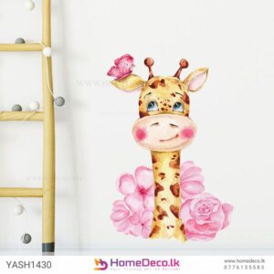 Cute Baby Giraffe Wall Sticker featuring a smiling giraffe with pink flowers, perfect for kids’ rooms and nurseries in Sri Lanka