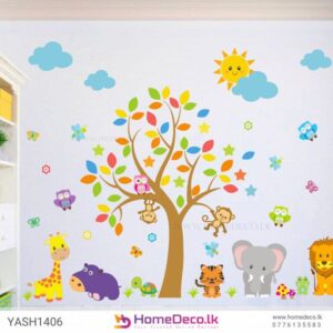 Cute Animal Tree Wall Sticker featuring a colorful tree, playful animals, and a smiling sun for nurseries and kids’ rooms in Sri Lanka