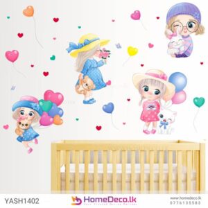 Cute Baby Girls Wall Sticker featuring baby girls with balloons, animals, and hearts, perfect for kids’ rooms and nurseries in Sri Lanka