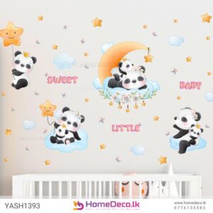 Little Pandas Wall Sticker with cute panda families, stars, and clouds for baby room décor.