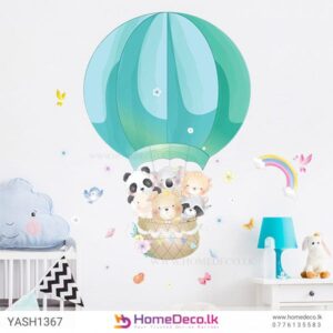 Animal Hot Air Balloon Wall Sticker featuring cute animals in a green hot air balloon with butterflies and rainbows for kids’ room décor.