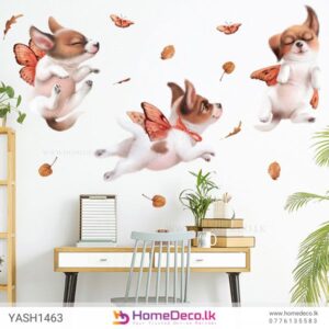 Cute Puppies Wall Sticker featuring playful puppies with butterfly wings and falling leaves for kids’ rooms in Sri Lanka