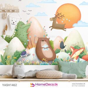 Jungle Animal Friends Wall Sticker featuring a bear, fox, deer, crocodile, and birds in a colorful jungle setting for kids’ rooms in Sri Lanka