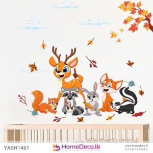 Baby Animal Friends Wall Sticker featuring a deer, fox, bunny, raccoon, and squirrel with autumn leaves for kids’ rooms in Sri Lanka