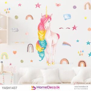 Colourful Unicorn Wall Sticker featuring a unicorn with a rainbow mane, surrounded by stars, clouds, and hearts for kids’ rooms in Sri Lanka