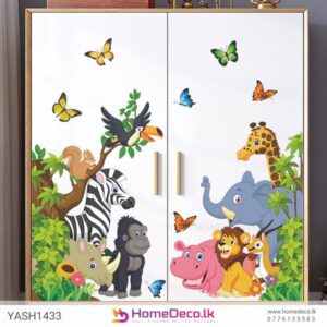 Colourful Jungle Animal Wall Sticker featuring an elephant, lion, giraffe, zebra, and butterflies with lush greenery for kids’ rooms in Sri Lanka