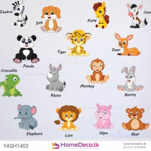 Animal With Names Wall Sticker featuring 15 adorable animals like zebra, lion, panda, and bunny, perfect for nurseries and kids’ rooms in Sri Lanka