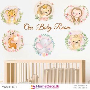 Baby Animal Frames Wall Sticker featuring lion, giraffe, elephant, tiger, monkey, and cheetah in floral wreaths, perfect for nurseries in Sri Lanka