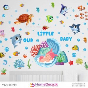 Baby With Sea Animals Wall Sticker featuring an ocean scene with a baby in a seashell, dolphins, turtles, and coral reefs, perfect for nurseries.