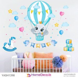 Baby Elephant Flying Wall Sticker featuring a cute elephant in a hot air balloon surrounded by clouds, balloons, and birds, ideal for nurseries.