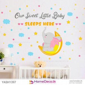 Cute Elephant With Moon Wall Sticker featuring a baby elephant resting on a crescent moon with stars and clouds, perfect for nurseries or baby rooms.