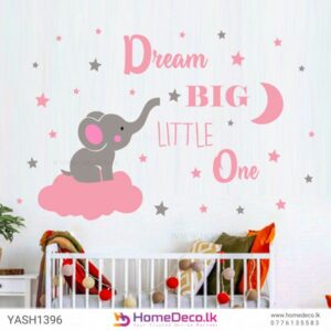 Dream Big Baby Elephant Wall Sticker with a pink baby elephant, moon, and stars for nursery decoration.