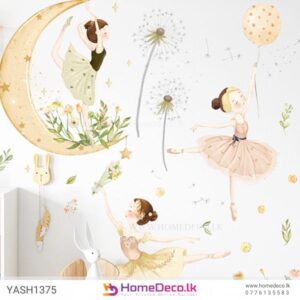 Cute Ballet Dancers Wall Sticker featuring ballerinas, dandelions, and a moon for kids’ room décor.