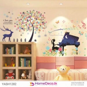 Piano Girl with Deer Wall Sticker, featuring a musical scene with a girl playing piano and a deer, perfect for creating an elegant and serene atmosphere in kids' rooms.