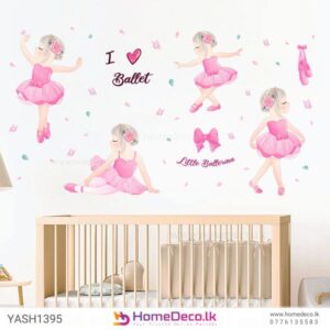 Pink Ballet Girls Wall Sticker featuring ballerinas in pink dresses, bows, and ballet-themed accents for kids’ room décor.