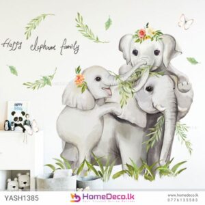 Happy Elephant Family Wall Sticker featuring a family of elephants, greenery, and floral accents for baby room décor.