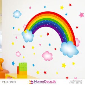 Colourful Rainbow Wall Sticker with clouds, stars, and bright colors for kids' room decoration.