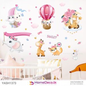 Pink Theme Animal Wall Sticker with adorable elephants, giraffes, foxes, and rabbits for kids' room décor.