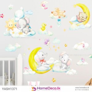 Baby Elephants Sleeping Wall Sticker featuring pastel-colored elephants, moons, and clouds for nursery décor.