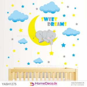 Sweet Dreams Elephant Wall Sticker with a sleeping elephant surrounded by stars and clouds, ideal for creating a peaceful and serene nursery atmosphere.