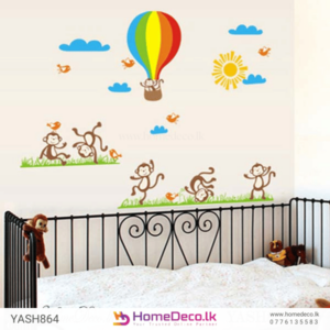 Cute Monkey Kids Wall Sticker - Fun design featuring playful monkeys, a colorful hot air balloon, and cheerful elements for kids’ room deco